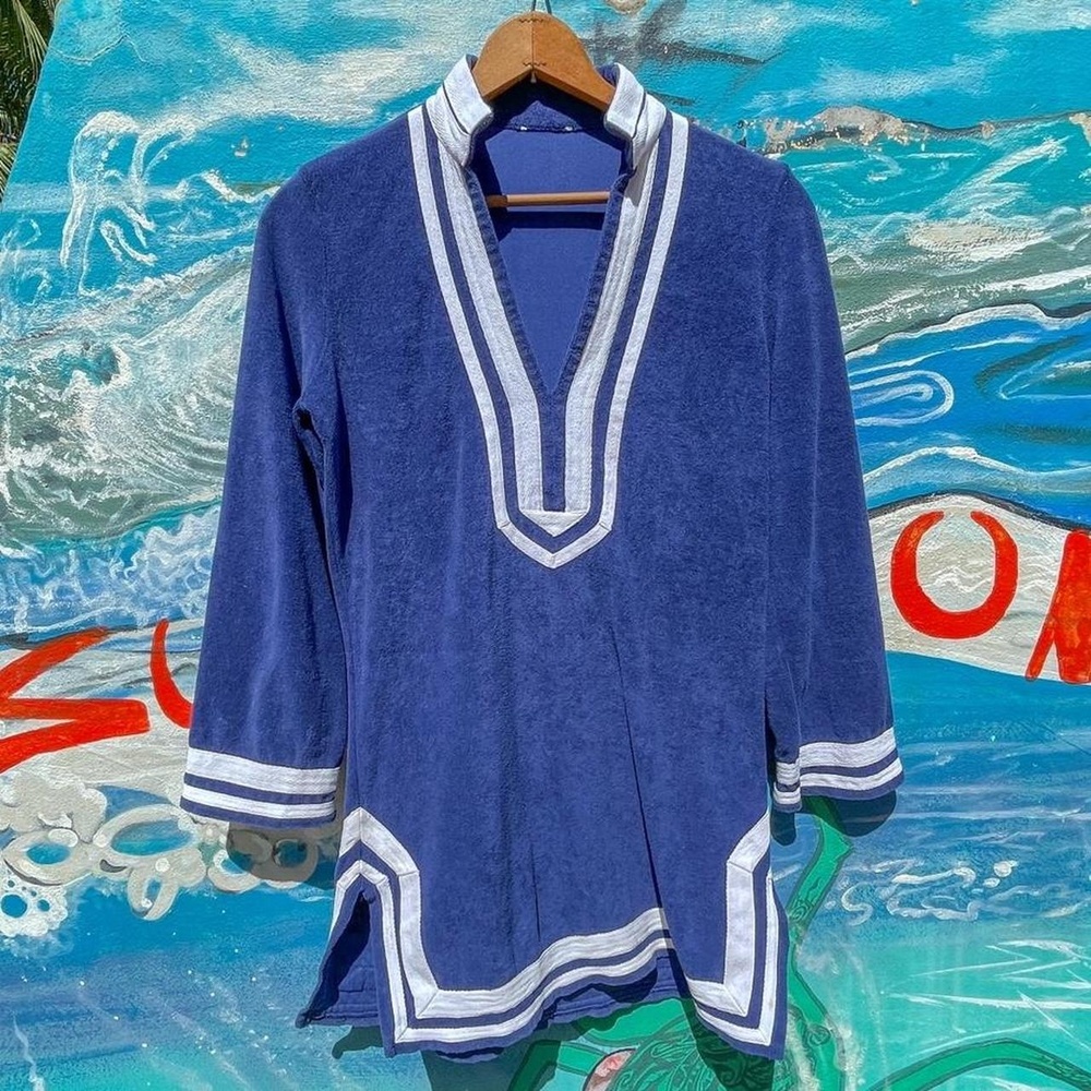 70s terry cloth long sleeve tunic top w/ white striped trim
